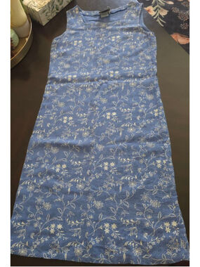 Women's Vintage LinenDressing Clio Blue & White Floral Sleeveless Shift Dress PL